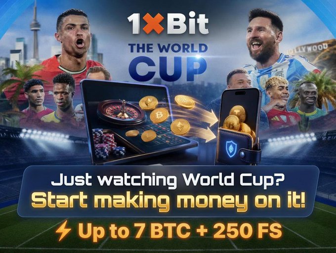 The image features a poster for a casino game called "1X Bit" that offers a chance to win up to 7 Bitcoins (7 BTC) with a 250-FS bonus offer. The poster includes an advertisement of a man watching a soccer match, which is related to the main theme of the game. The text on the poster encourages viewers to participate in the game and claim their reward by entering the code provided.