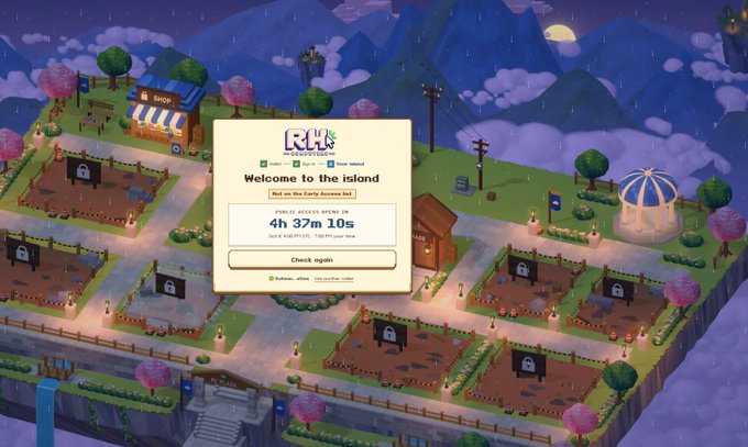 A pixel-art game interface showing a 'Welcome to the Island' popup for Roll'Em with a countdown of 4h 37m 10s over a view of fenced plots and a shop.