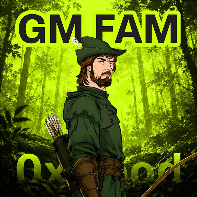 An illustrated character in a green forest setting wearing a Robin Hood-style hat and outfit with a quiver of arrows, overlaid with large text "GM FAM" at the top and "0xhood" at the bottom.