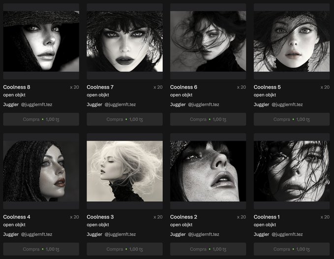 Marketplace listing showing eight NFT artworks titled 'Coolness 8' through 'Coolness 1' by Juggler (@jugglernft.tez), each priced at 1.00 tz with 20 copies available.
