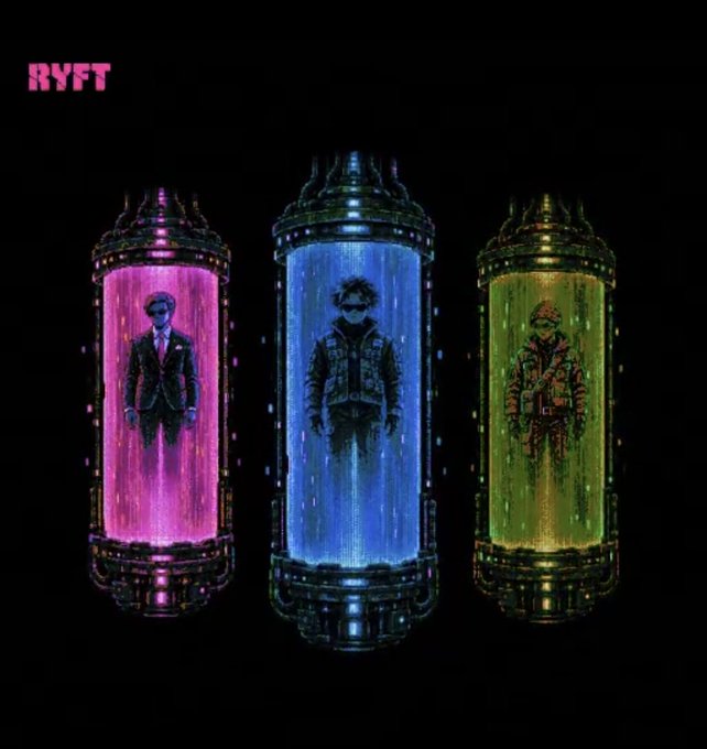 An artistic image with the text "RYFT" showing three figures suspended in illuminated cylindrical pods colored pink, blue, and green.