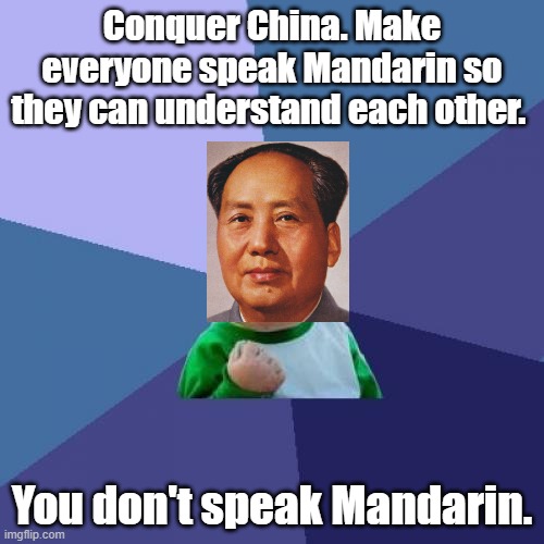 This image shows a superimposed photo where on top there is a picture of a man and on the bottom a toddler. Both subjects are pointing forward with opposite hands. Text at the top reads "Conquer China. Make everyone speak Mandarin so they can understand each other." and with a reply of "You don't speak Mandarin" at the bottom. The two blocks of text with these replies are separated by the image above. The lower left corner shows "imgflip.com." The accompanying post is about the repeating market cycles that depend on data behaviour, and this image perhaps symbolises the behaviour of trying to make everyone speak "Mandarin," which is impossible in this situation since the toddler doesn't speak Mandarin.
