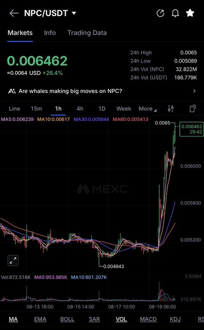 The image shows a MEXC trading chart for the NPC/USDT pair, displaying a price of 0.006462 with a notable upward spike and a 26.4% gain, alongside humorous "smart contract" code referencing the account @CryptoWizardd and NonPlayableCoin—visually illustrating the meme's ironic claim that crypto traders are merely "non-playable characters" chasing pumps like the one shown.