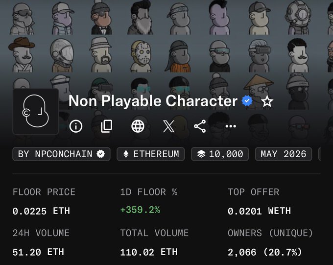 The image shows a screenshot of an NFT (Non Playable Character) tracking page. The tracking page displays various details such as the status, price, volume, and market cap for the NFTs being tracked. Among these items, there is a notable feature that reads "Non Playable Character", indicating that this is not a typical scenario or action that occurs in the world of NFTs. Instead, it focuses on tracking and pricing an NFT that is currently over 0.02 ETH (which is equal to 20.22 coins). The image captures the essence of the post's content by presenting the relevant details about the tracking page for one specific NFT.