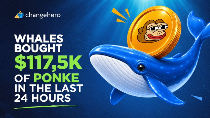 A ChangeHero crypto advertisement featuring a blue whale carrying a gold coin with a cartoon ape face, with text announcing 'WHALES BOUGHT $117.5K OF PONKE IN THE LAST 24 HOURS'.