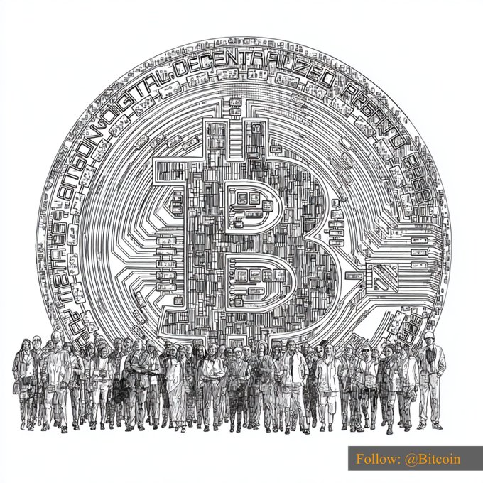 A detailed pen-and-ink illustration depicts a large Bitcoin coin inscribed with "BITCOIN DIGITAL DECENTRALIZED PEER TO PEER" standing behind a crowd of diverse people, while the bottom right displays a caption "Follow: @Bitcoin," visually representing the decentralized, community-driven nature of Bitcoin at its $62,896.83 valuation.