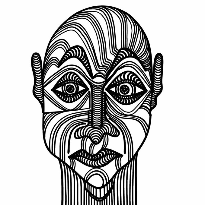 A stylized black-and-white illustration of a face constructed entirely from flowing, topographical contour lines, giving it a surreal, almost feverish appearance with intense, wide eyes. The high-contrast, heat-haze-like distortion visually echoes the post's theme of intense heat and unsettling ambiguity, mirroring the cryptic "What? Nobody knows what's what" title of the new 1/1 NFT auction.