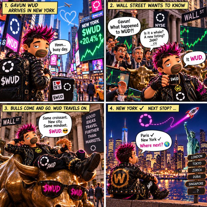 A four-panel comic strip featuring a character named 'Gavun Wud' featuring the ticker $WUD, showing him arriving in New York, facing questions on Wall Street, sitting on the Wall Street bull, and planning his next travel destination.