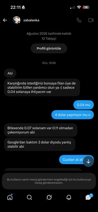 A screenshot of an Instagram direct message conversation in Turkish with the user 'zabalenka', where the user requests 0.04 Solana in exchange for joining a paid group.