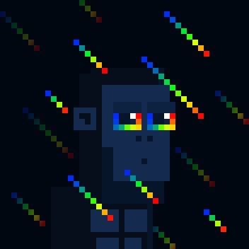 A pixel art character with multicolored rainbow eyes against a dark blue background, surrounded by colorful diagonal dotted lines.