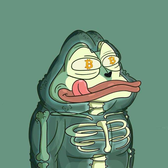 A cartoon frog in a hooded cloak with bulging Bitcoin-logo eyes and a long tongue lolling out, surrounded by visible bone and ribcage details, tying into the "something ridiculous" mint site by featuring a goofy, meme-style crypto frog character.
