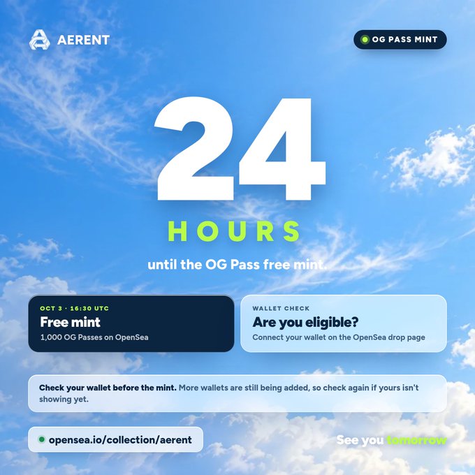 An AERENT promotional countdown image displays "24 HOURS until the OG Pass free mint," with 1,000 OG Passes to be minted on OpenSea on Oct 3 at 16:30 UTC, directing users to check wallet eligibility at opensea.io/collection/aerent.

This aligns with the post's mention of a free mint phase followed by a paid public mint at 0.1E each, highlighting the upcoming OG Pass opportunity as a key entry point into the project.