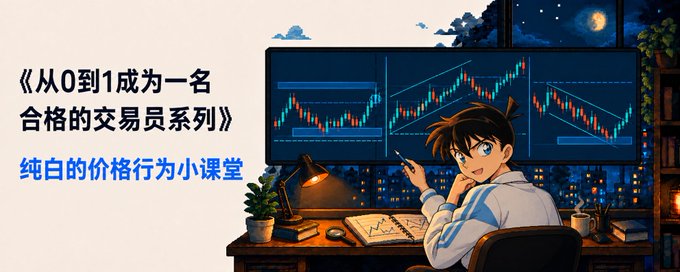 A banner image with Chinese text 《从0到1成为一名合格的交易员系列》 and 纯白的价格行为小课堂, featuring an anime-style character at a desk with multiple monitors displaying candlestick trading charts.