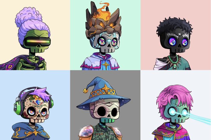 A grid of six colorful character designs featuring skulls with glowing eyes in various outfits, including a wizard hat and headphones.