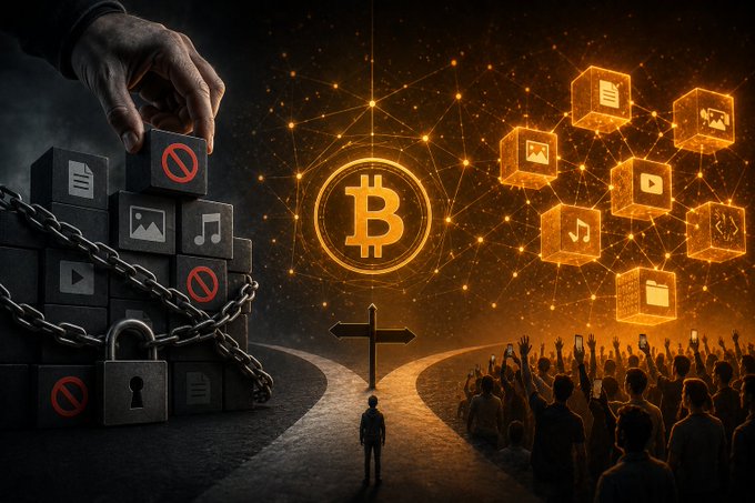 The image depicts a divided scene with one side showing a hand placing a block marked with a prohibition sign on a chain of blocks containing various data types (music, images, documents), while the other side glows with a Bitcoin symbol and crowds holding illuminated blocks of the same data types, visually representing the BIP-110 debate over filtering non-financial data from Bitcoin's blockchain.