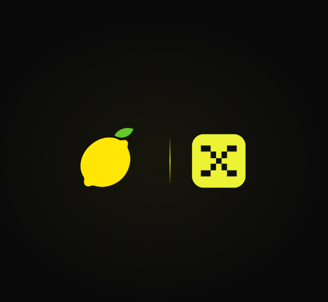 Two yellow-green icons on a black background: a lemon logo on the left and a square app icon with an 'X' pattern on the right, likely representing a crypto platform.