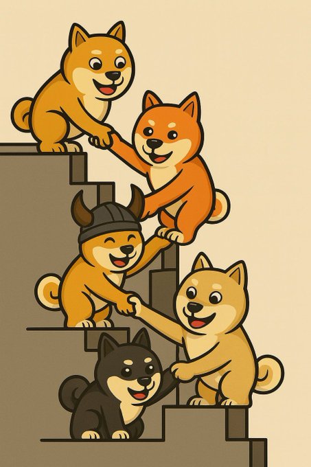 A cartoon illustration of five Shiba Inu dogs climbing a staircase in a chain, holding paws to help each other ascend, symbolizing the succession of meme coin successors from $DOGE and $SHIB to the newest contender $MANYU.