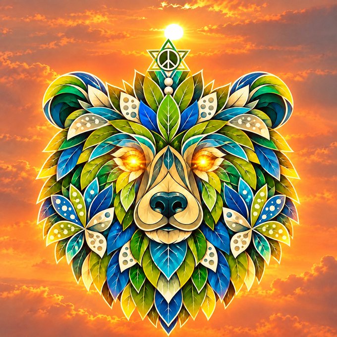 A majestic lion's face composed of vibrant green and blue leaves with glowing golden eyes, topped by a small Star of David and a cross, set against a fiery orange sunset sky. The image's watchful, ever-vigilant lion mirrors the post's theme of an autonomous trading agent that continues to operate and create a "paper trail" even when left unattended, suggesting constant unseen oversight of the strategy.