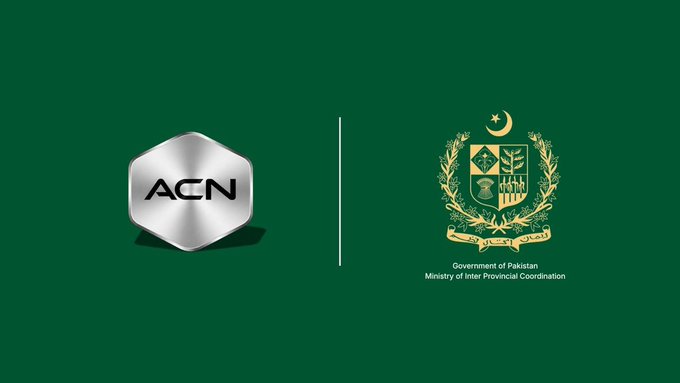 A promotional graphic on green background showing the ACN hexagonal silver logo alongside the Government of Pakistan Ministry of Inter Provincial Coordination emblem with crescent and star.