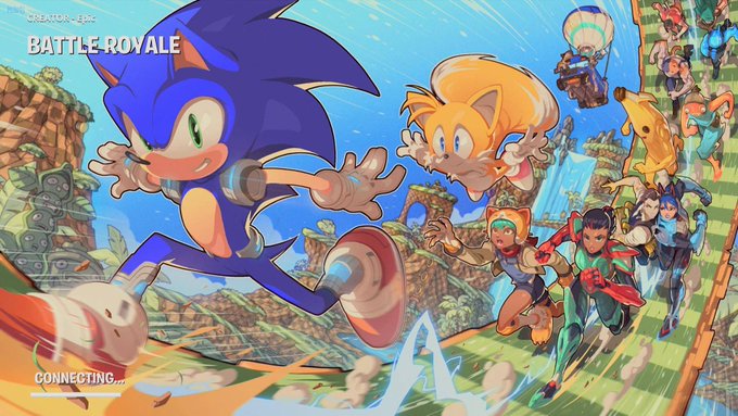 A 'Creator of Sonic Battle Royale' promotional splash screen shows Sonic, Tails, and other characters running, with 'CONNECTING...' text at the bottom left.