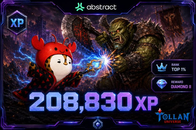 A promotional graphic for 'abstract' on the 'TOLLAN UNIVERSE' showing 208,830 XP, a 'TOP 1%' rank, and a 'DIAMOND II' reward, featuring a crab-like character battling an orc.