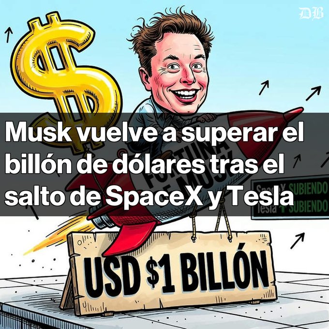 A cartoon illustration shows a smiling caricature of Elon Musk riding a rocket labeled "Fortune," with a dollar sign beside him, rising above a sign reading "USD $1 BILLÓN" amid upward arrows, visually representing his net worth surpassing one trillion dollars.