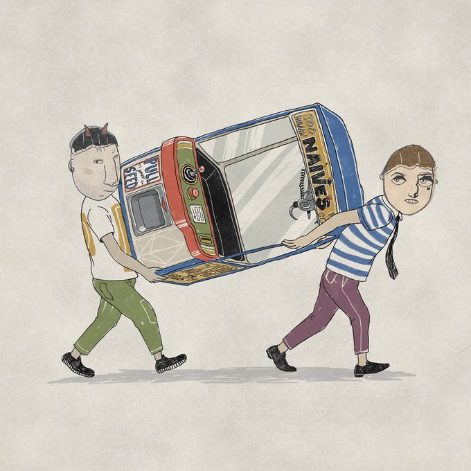 An illustration of two people carrying a giant broken slot machine displaying 'NAIVE' and a banana label, with a bomb fuse lit inside the machine.