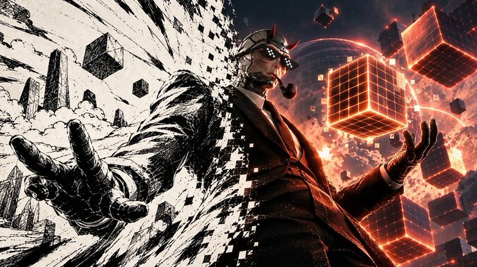 A digital artwork of a man in a suit with cybernetic elements and 3D glasses, manipulating glowing orange cubes and pixelated black cubes against a cosmic background.