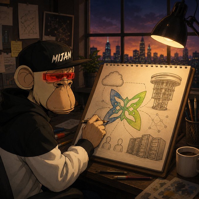 A digital illustration of a monkey character wearing a black cap with 'MIJAN' written on it and red glasses, sketching diagrams on a notepad at a desk with a city skyline visible through a window.