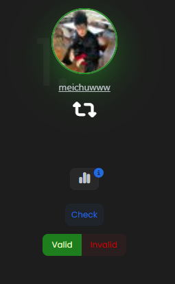 The image shows the username "meichuwww" with a profile picture and buttons labeled "Check", "Valid", and "Invalid". This likely relates to the giveaway winner verification process mentioned in the accompanying post.