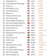 A list of publicly traded companies ranked 9-30 by market capitalization, including ClearMark, Trump Media & Technology, Tenta, Root Platforms, H U D Mining Corp, Block, American Bitcoin Corp, GD Culture Group, Galaxy Digital Holdings Ltd, Next Technology Holding Inc, Gemini Space Station Inc, ProCap Financial, Nakamoto Inc, Boyaa Interactive Internatio, OrangeBTC, Bitcoin Group SE, Iris Energy, Capital B, DDC Enterprise Limited, Ionic Digital Inc, The Smarter Web Company, DeFi Technologies, and BitGo Holdings, Inc.