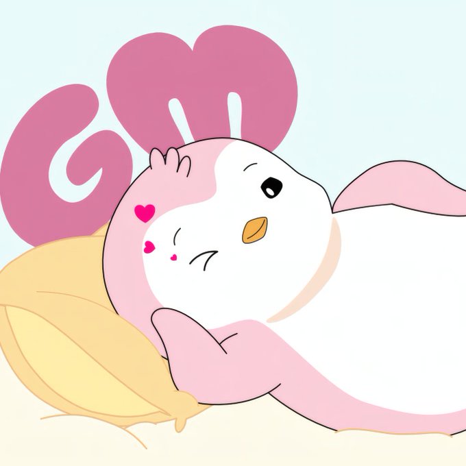 A pink and white cartoon bird cuddles a yellow pillow with a happy expression, accompanied by two pink heart shapes above its head and small pink hearts near its face. The "PM PM!" caption suggests the bird is calling out affectionately, mirroring its lovestruck, joyful demeanor in the illustration.