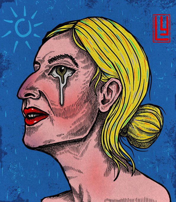 A stylized pop-art illustration of a woman with yellow hair in a bun, shown in profile with a tear streaming down her cheek, set against a blue background with a small sun. In the top right corner is a red "L" logo, likely a Lefteris Livieratos-style mark, fitting the post's promotion of a final "Tez" edition NFT drop.