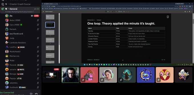A Discord screen shows the 'Creator Crash Course' voice channel with multiple members and a presentation slide titled 'One loop. Theory applied the minute it's taught.' displaying a table of course modules.