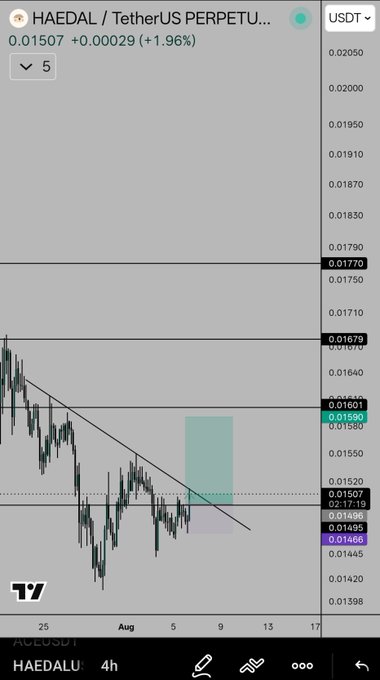 A cryptocurrency trading chart on TradingView displaying the 'HAEDAL / TetherUS PERPETUAL' pair (HAEDALUSDT) at a price of '0.01507', showing a +1.96% increase, with a descending trendline and various price levels marked.