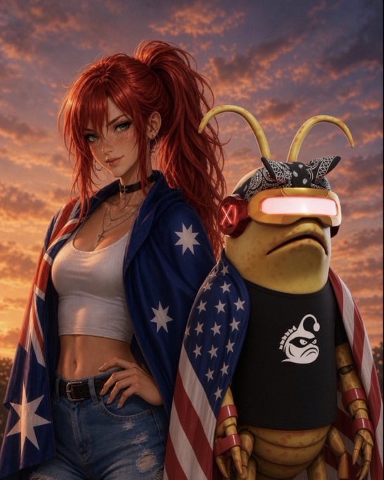 An anime-style digital artwork depicting a red-haired woman wearing an American flag cape alongside a goldfish character wearing VR goggles, a bandana, and a black shirt, set against a sunset sky.