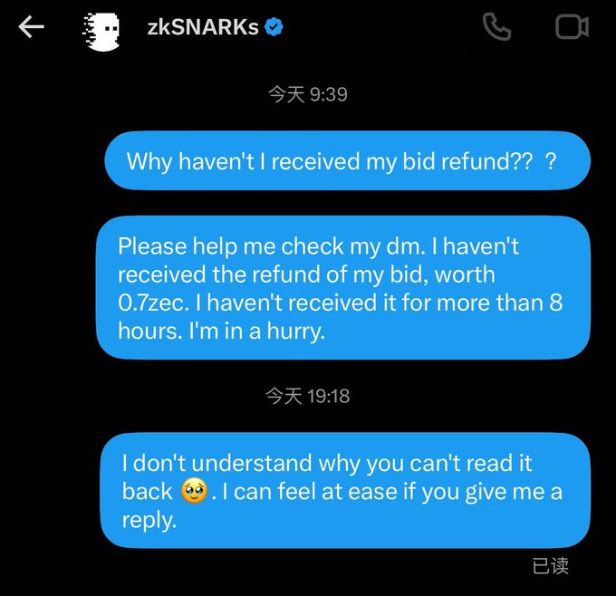 Text messages in Chinese to 'zkSNARKs' asking about a missing bid refund of 0.7zec, expressing frustration after 8+ hours without a reply.