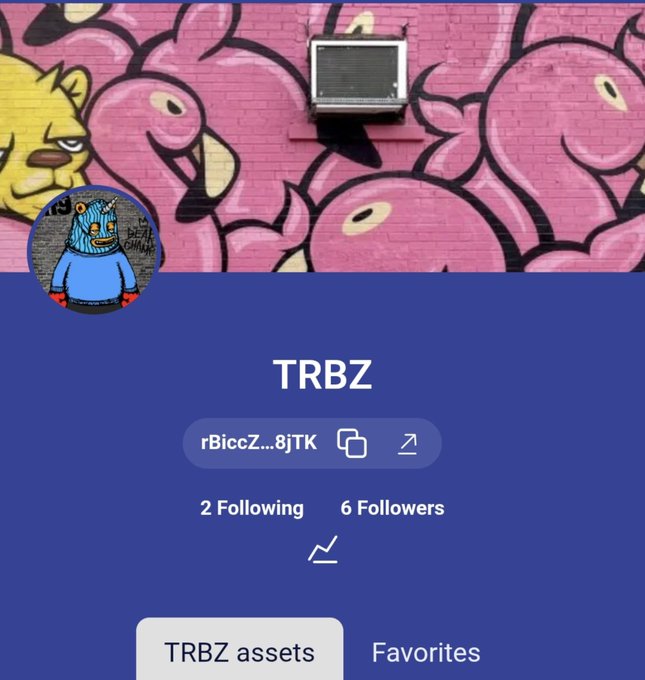Profile page for 'TRBZ' on a character marketplace, showing a cartoon character avatar, 2 following, 6 followers, and tabs for 'TRBZ assets' and 'Favorites'.