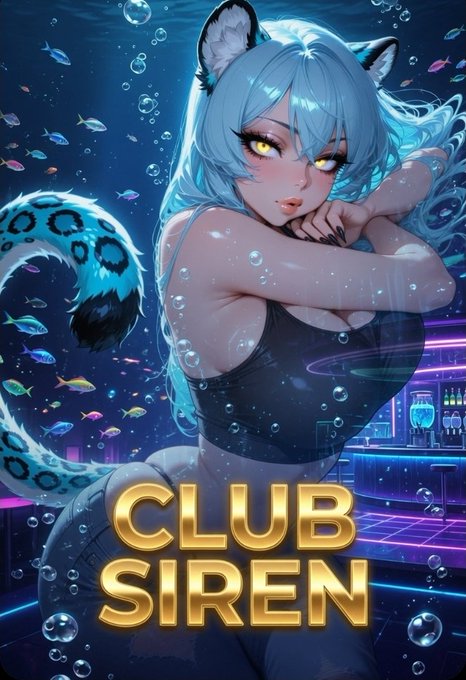 An anime-style illustration of a blue-haired catgirl with a leopard-print tail, with "CLUB SIREN" displayed in gold text at the bottom.