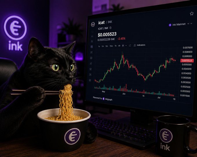 A black cat eating noodles with chopsticks from a branded bowl on a desk, with a monitor displaying the ICAT/INK crypto trading chart at $0.005523 (down 2.45%) and an 'ink' logo neon sign in the background.