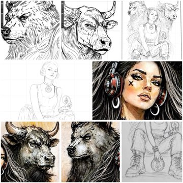 A collage of various black and white sketches, including detailed drawings of bulls, a lion, a woman with headphones, and other figures.