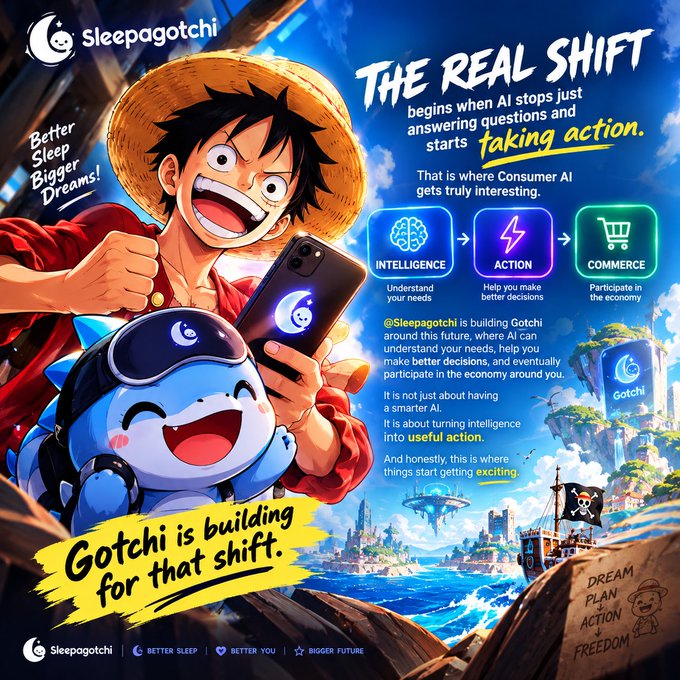 An anime-style promotional poster for 'Sleepagotchi' featuring a character resembling Luffy from One Piece in a straw hat next to a blue mascot holding a smartphone, with text reading 'THE REAL SHIFT begins when AI stops just answering questions and starts taking action' and highlighting Intelligence, Action, and Commerce.