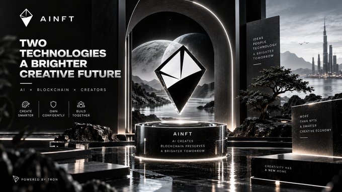 Another AINFT promotional image showing 'TWO TECHNOLOGIES A BRIGHTER CREATIVE FUTURE' and 'AI x BLOCKCHAIN x CREATORS' featuring 'CREATE SMARTER', 'OWN CONFIDENTLY', and 'BUILD TOGETHER' alongside a glowing diamond logo and 'POWERED BY TRON'.