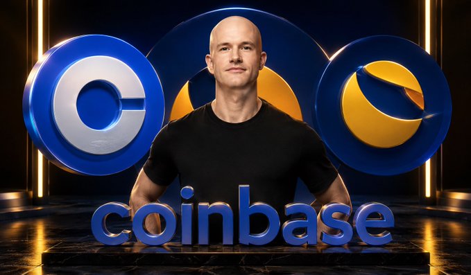 The image features a man standing next to a large blue coinbase logo, which is prominently displayed against a black background. The man appears to be smiling for the camera while posing with the coinbase logo. The text "coinbase" is written in white letters below the logo, and it also includes the words "LUNC community", "building", "burn", and "growth". This suggests that the image might be related to a post about the cryptocurrency community or the coinbase platform itself.