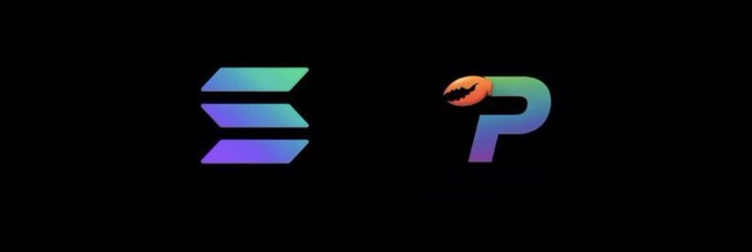 Two gradient-colored logos displayed on a black background: a stack of three bars resembling the Solana logo, and a stylized "P" with an orange jack-o'-lantern face.