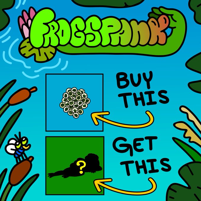 A colorful "FrogSpank" promotional graphic with hand-drawn text and a frog perched on a cattail shows a "BUY THIS" arrow pointing to a pile of frog eggs and a "GET THIS" arrow pointing to a mystery silhouette, illustrating a free mint giveaway of 20 whitelist spots for the FrogSpank NFT collection.
