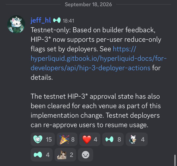 A Discord message from user 'jeff_hl' dated September 18, 2026, announcing that testnet HIP-3* now supports per-user reduce-only flags set by deployers, with a link to documentation.
