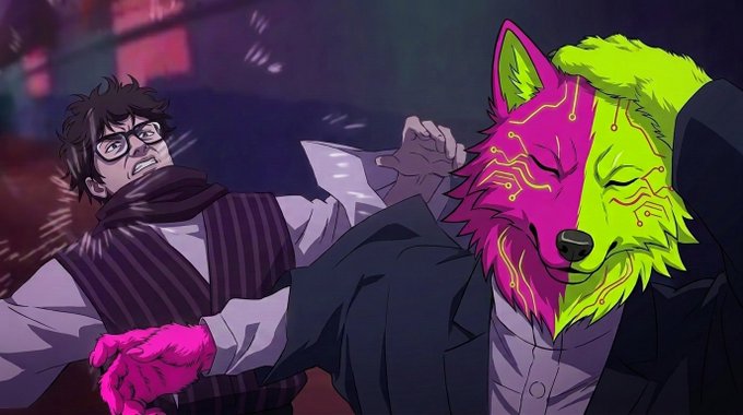 An anime-style illustration shows a man with glasses and a scarf being grabbed by a mysterious figure wearing a wolf mask colored in vivid pink, magenta, and neon green with circuit-like patterns.