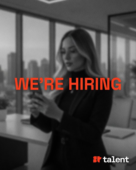 A black-and-white photo of a woman looking at her phone with bold orange text reading 'WE'RE HIRING' and a 'talent' logo in the bottom right corner.