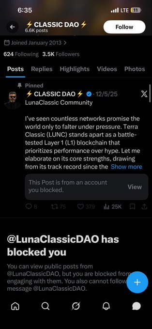 A screenshot of a Twitter/X post from 'CLASSIC DAO' about Terra Classic (LUNC) blockchain, with a notification indicating that '@LunaClassicDAO has blocked you', restricting access to follow or message the account.